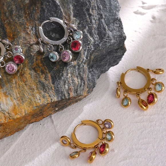 Exquisite Dangle Colourful Diamonds Hoop Earrings - Picture 5 of 6